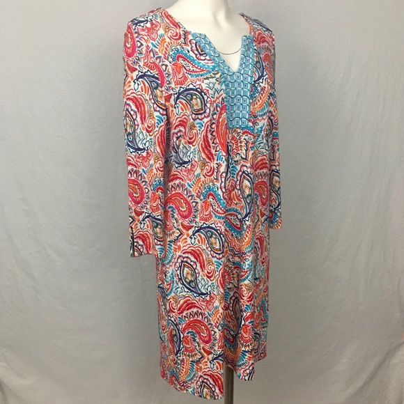 Crown & Ivy Petite XL Dress 3/4 Sleeve Split Front V-Neck Stretch Vibrant Print - Picture 11 of 16